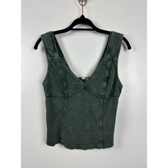 PILCRO Anthropologie Ribbed Knit V Neck Tank Top Green Medium Cropped Festival - Picture 1 of 5